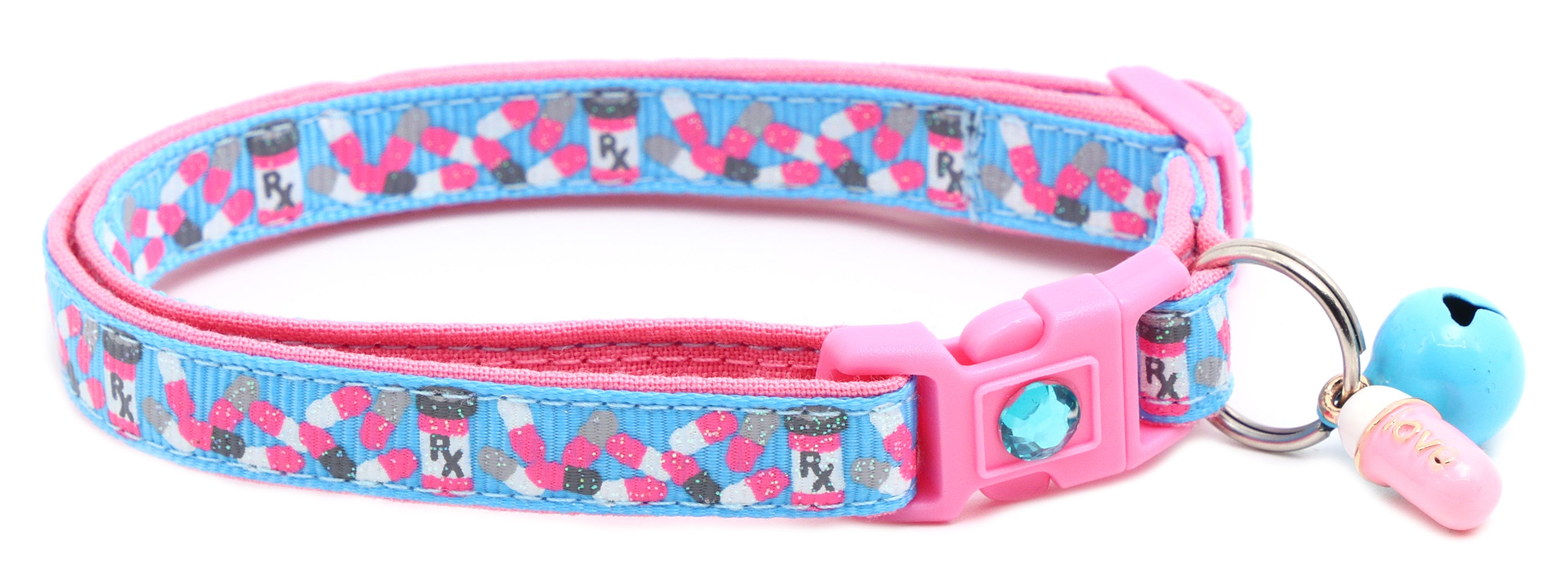 Handmade Pills Breakaway Cat Collar in reinforced cotton with adjustable sizes and breakaway clip for safety.